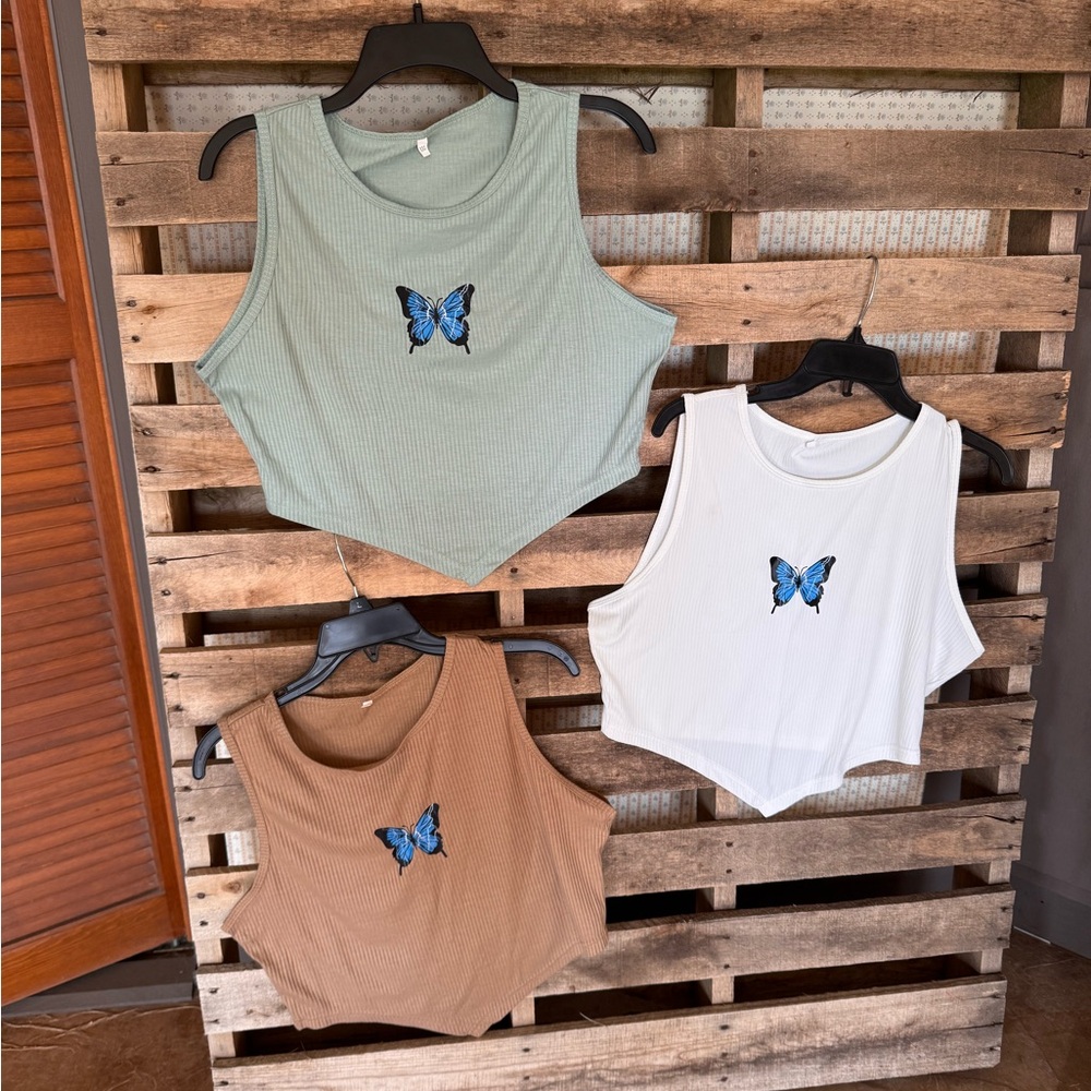 Butterfly Print Cropped Tanks - Mint, Ivory, Camel